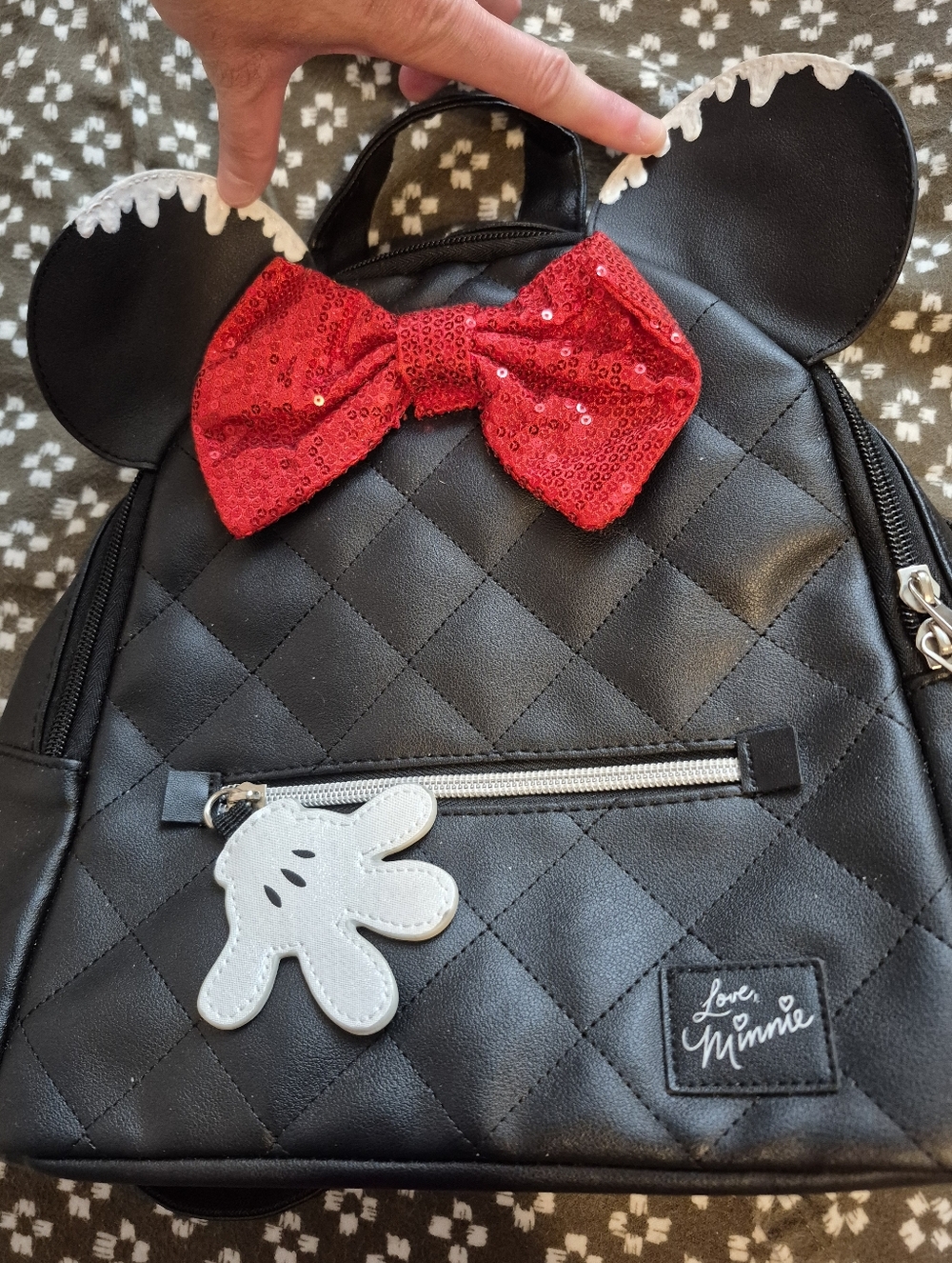 Love Minnie Black Quilted Mini Backpack with Red Sequin Bow